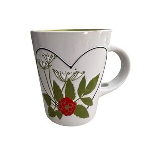 White Heart Floral Raspberry Berry Botanical Coffee Mug Japanese Pottery 12 oz.